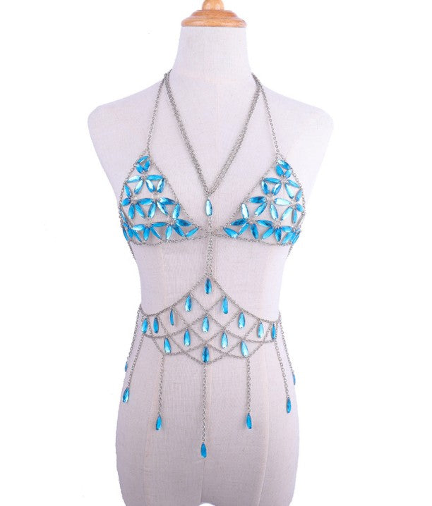 Sexy Blue Crystal Tassel Body Chain Panties Bra Set for Women